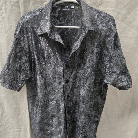 Mod Vintage Positano Shirt Mens Large Silver Button Up Disco shirt - Picture 3 of 6